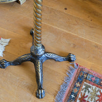 Antique Victorian brass telescopic wine table with mahogany top and lion’s paw feet