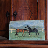 Early 1900s naïve oil painting of two horses mounted on oak panel