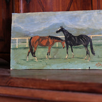Early 1900s naïve oil painting of two horses mounted on oak panel
