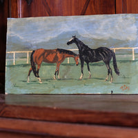 Early 1900s naïve oil painting of two horses mounted on oak panel