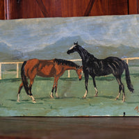 Early 1900s naïve oil painting of two horses mounted on oak panel