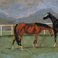 Early 1900s naïve oil painting of two horses mounted on oak panel