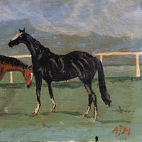 Early 1900s naïve oil painting of two horses mounted on oak panel