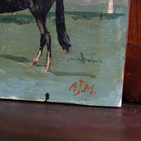 Early 1900s naïve oil painting of two horses mounted on oak panel