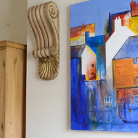 pair of carved giltwood oak corbels shell scroll motif