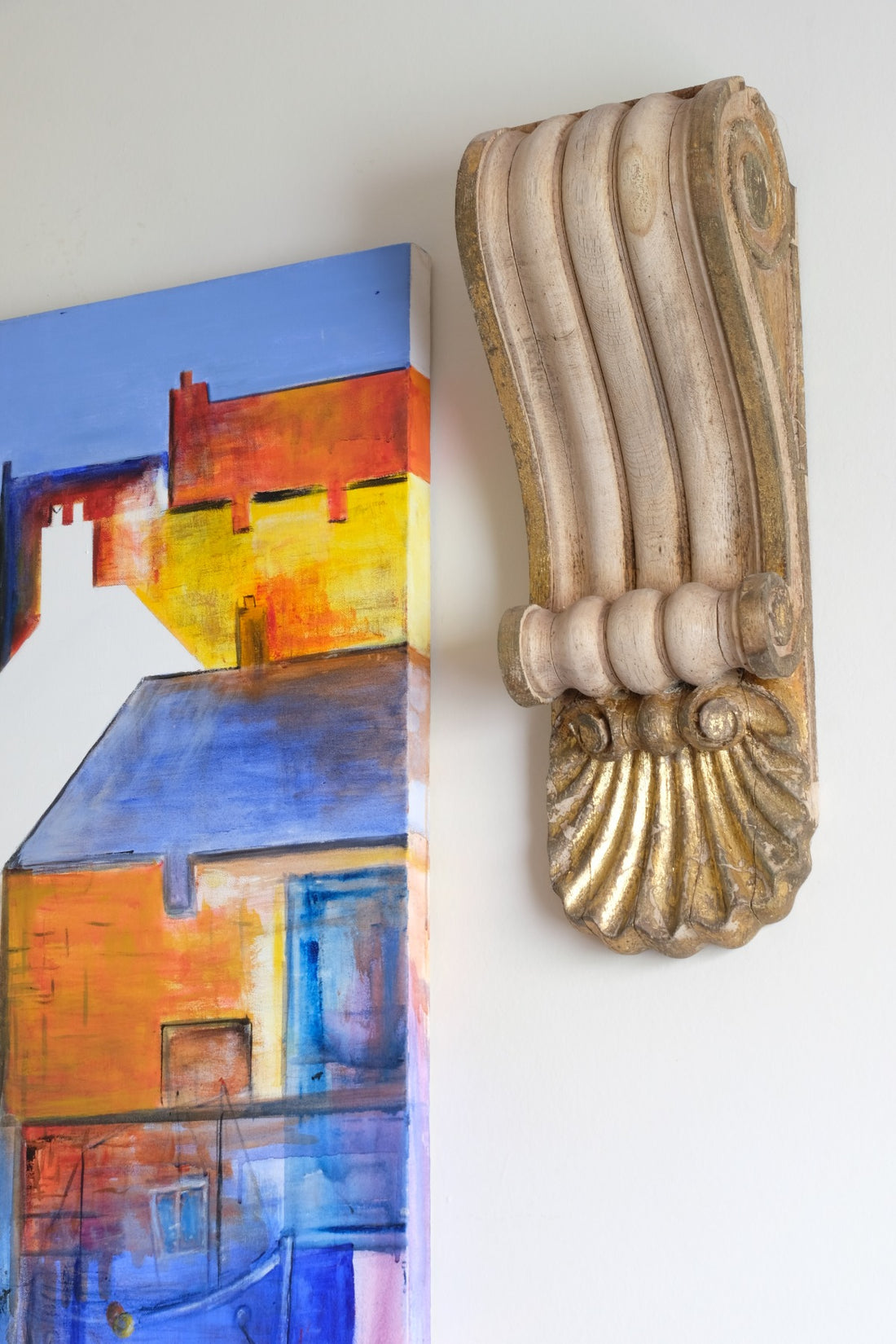 side angle oak corbel three dimensional scroll carving provenance Richmond