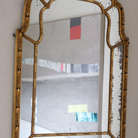 Large Antique Arched Giltwood Mirror with Foxed Glass, Sectional Design, c.1910