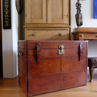 English tan leather steamer trunk with velvet lining & internal tray