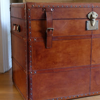 English tan leather steamer trunk with velvet lining & internal tray