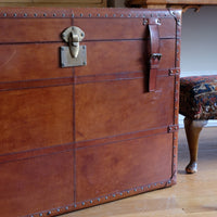 English tan leather steamer trunk with velvet lining & internal tray