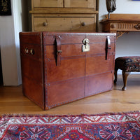 English tan leather steamer trunk with velvet lining & internal tray