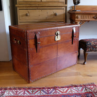 English tan leather steamer trunk with velvet lining & internal tray