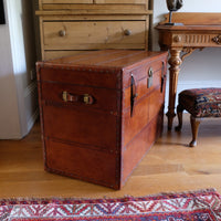 English tan leather steamer trunk with velvet lining & internal tray