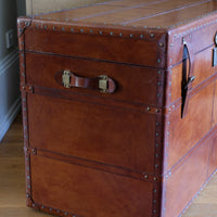 English tan leather steamer trunk with velvet lining & internal tray