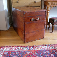 English tan leather steamer trunk with velvet lining & internal tray
