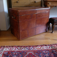English tan leather steamer trunk with velvet lining & internal tray