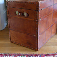 English tan leather steamer trunk with velvet lining & internal tray