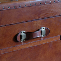 English tan leather steamer trunk with velvet lining & internal tray