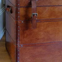 English tan leather steamer trunk with velvet lining & internal tray