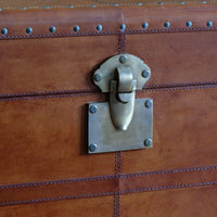 English tan leather steamer trunk with velvet lining & internal tray