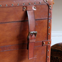 English tan leather steamer trunk with velvet lining & internal tray