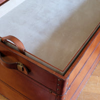 English tan leather steamer trunk with velvet lining & internal tray