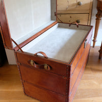 English tan leather steamer trunk with velvet lining & internal tray