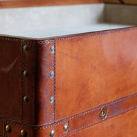 English tan leather steamer trunk with velvet lining & internal tray