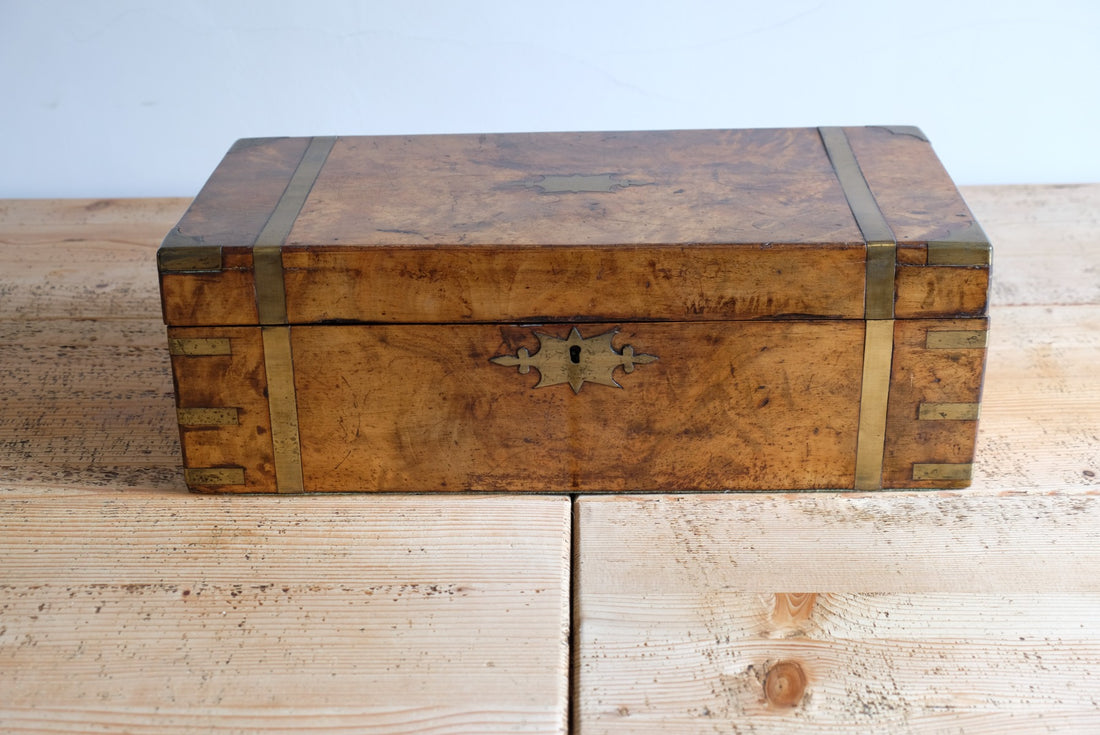 19th century Victorian burr walnut writing slope with brass corner straps and green baize interior