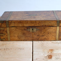 19th century Victorian burr walnut writing slope with brass corner straps and green baize interior
