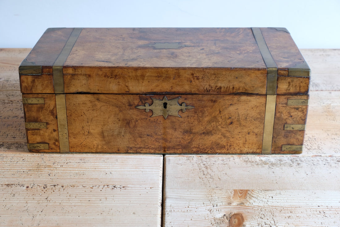 19th century Victorian burr walnut writing slope with brass corner straps and green baize interior