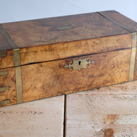 19th century Victorian burr walnut writing slope with brass corner straps and green baize interior