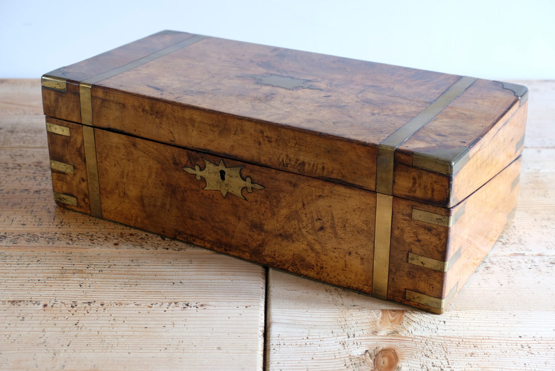 19th century Victorian burr walnut writing slope with brass corner straps and green baize interior
