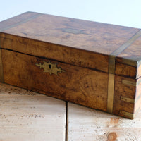 19th century Victorian burr walnut writing slope with brass corner straps and green baize interior