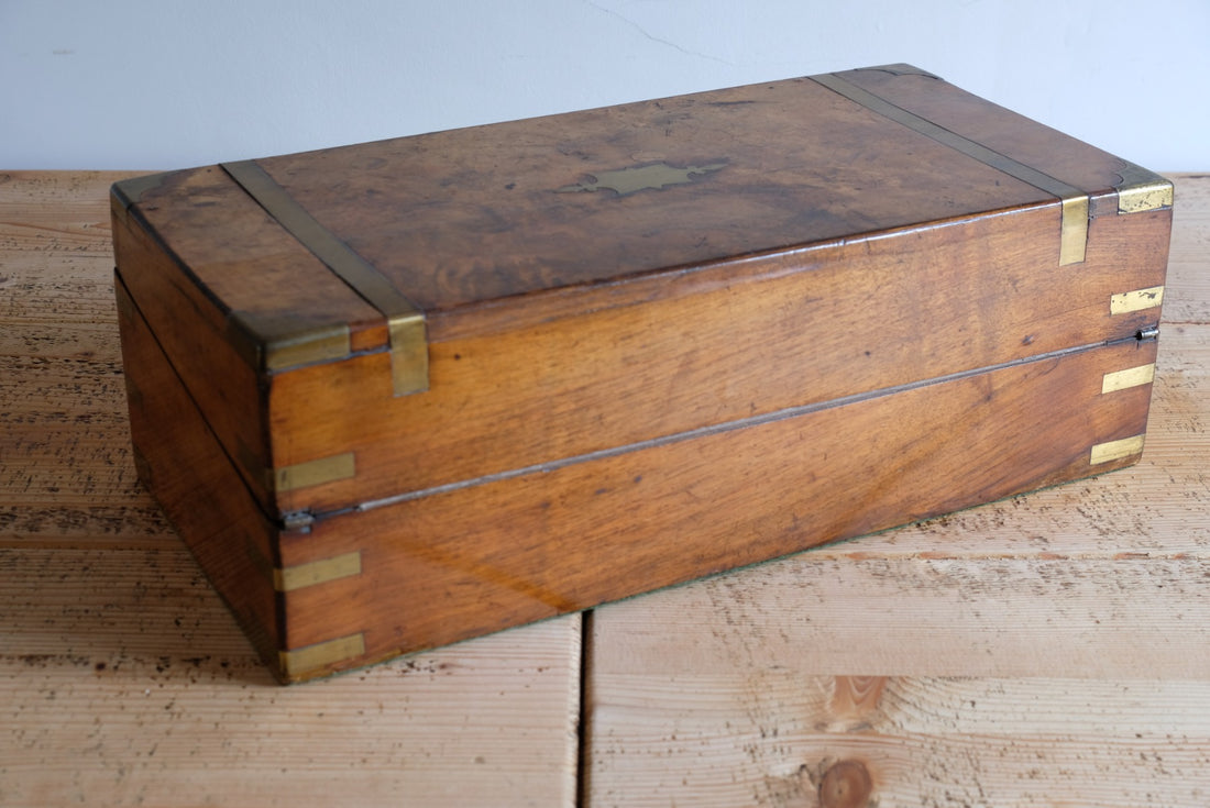 19th century Victorian burr walnut writing slope with brass corner straps and green baize interior
