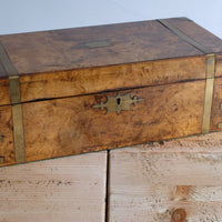 19th century Victorian burr walnut writing slope with brass corner straps and green baize interior