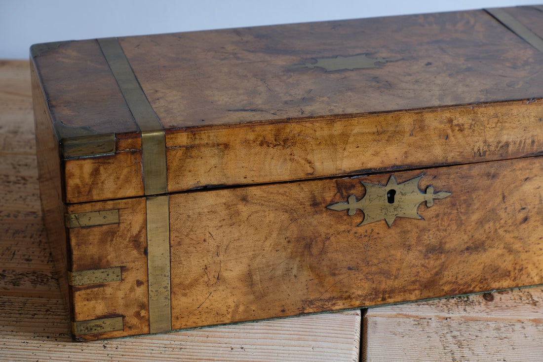 19th century Victorian burr walnut writing slope with brass corner straps and green baize interior