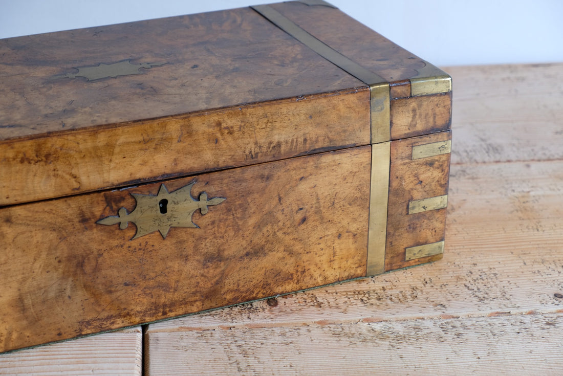 19th century Victorian burr walnut writing slope with brass corner straps and green baize interior
