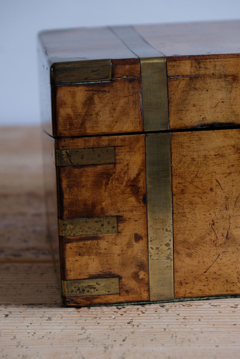19th century Victorian burr walnut writing slope with brass corner straps and green baize interior