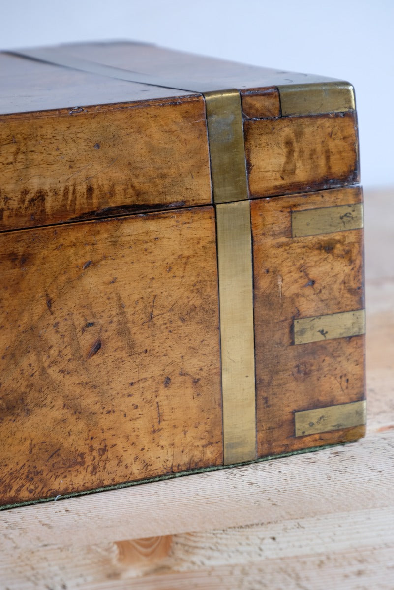 19th century Victorian burr walnut writing slope with brass corner straps and green baize interior