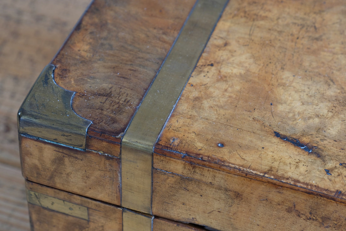 19th century Victorian burr walnut writing slope with brass corner straps and green baize interior