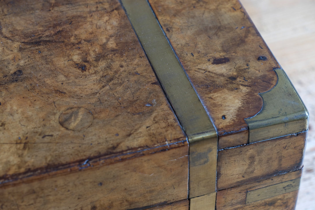 19th century Victorian burr walnut writing slope with brass corner straps and green baize interior
