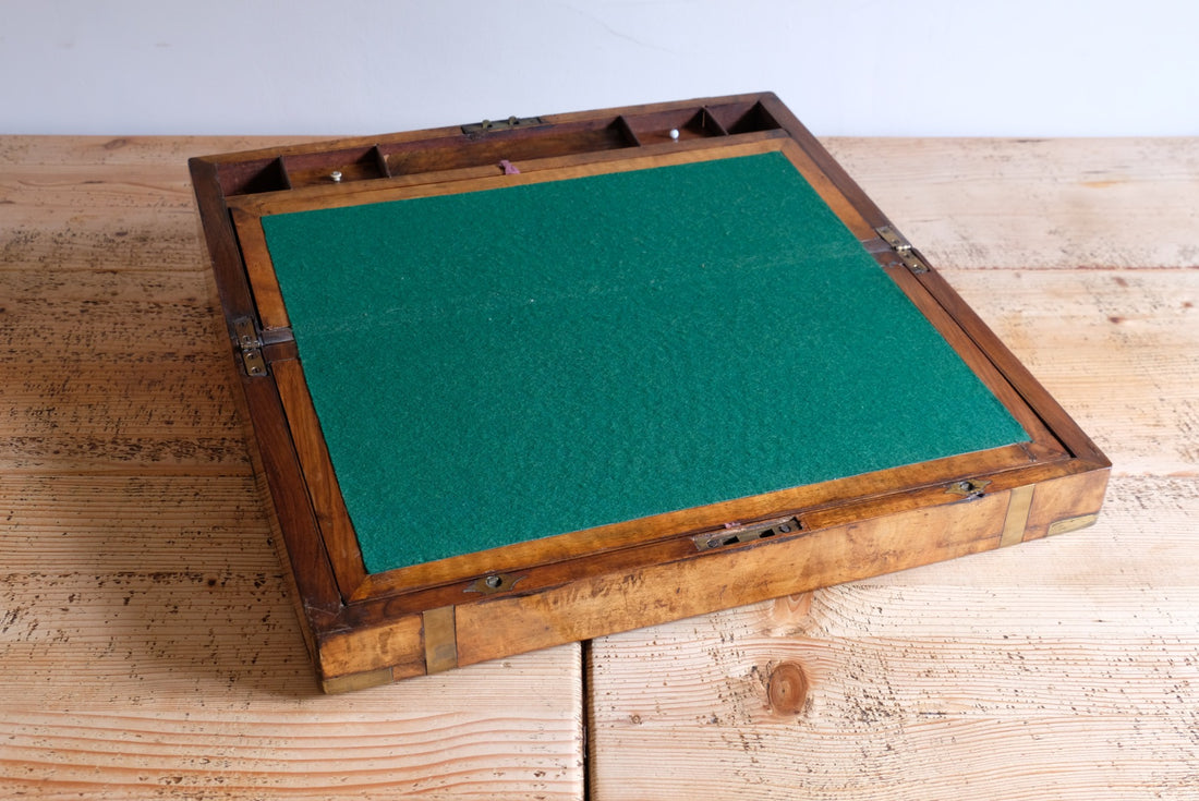 19th century Victorian burr walnut writing slope with brass corner straps and green baize interior