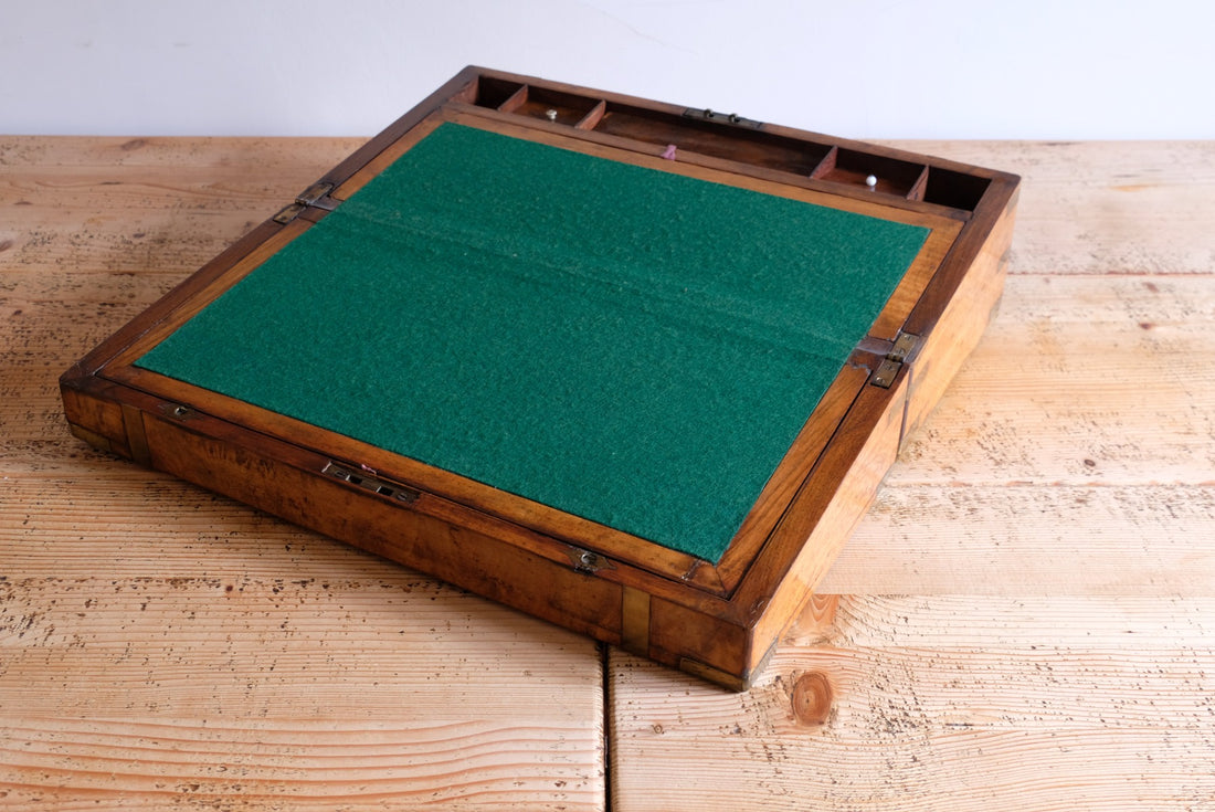 19th century Victorian burr walnut writing slope with brass corner straps and green baize interior