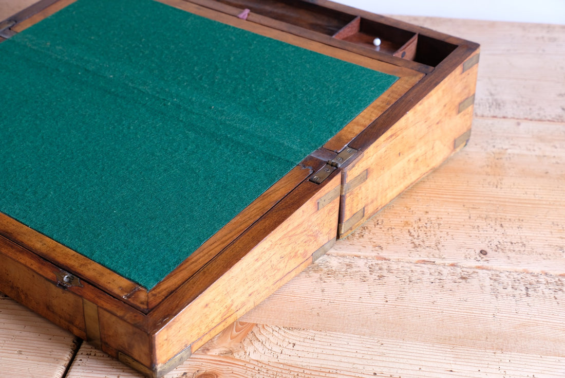 19th century Victorian burr walnut writing slope with brass corner straps and green baize interior