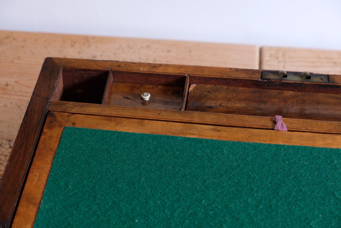 19th century Victorian burr walnut writing slope with brass corner straps and green baize interior