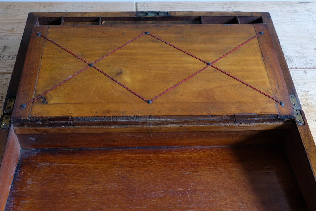 19th century Victorian burr walnut writing slope with brass corner straps and green baize interior
