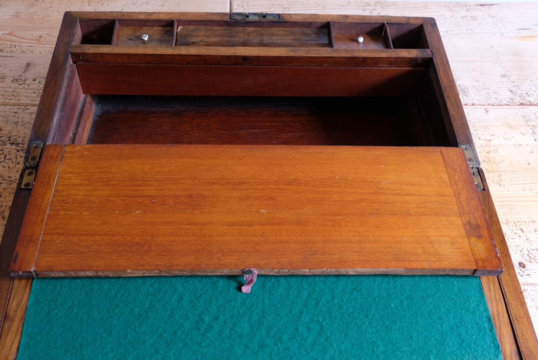 19th century Victorian burr walnut writing slope with brass corner straps and green baize interior