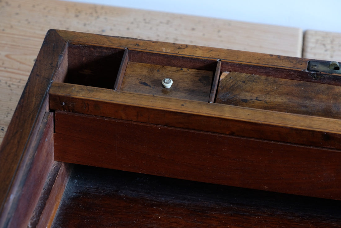 19th century Victorian burr walnut writing slope with brass corner straps and green baize interior