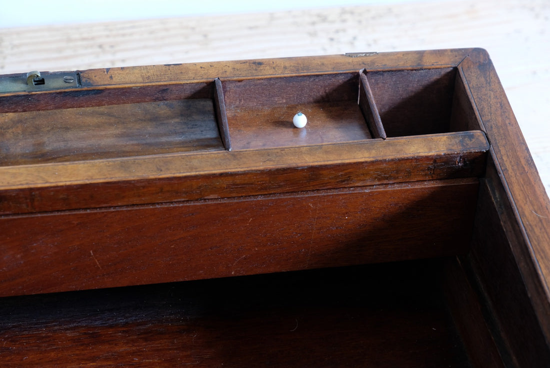 19th century Victorian burr walnut writing slope with brass corner straps and green baize interior